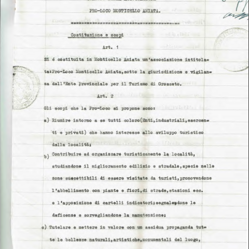 La prima pagina dell'Atto Costitutivo della Pro Loco di Monticello Amiata